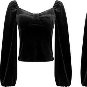 R.Vivimos Women's Fall Velvet Long Sleeves Square Neckline Vintage Crop Top